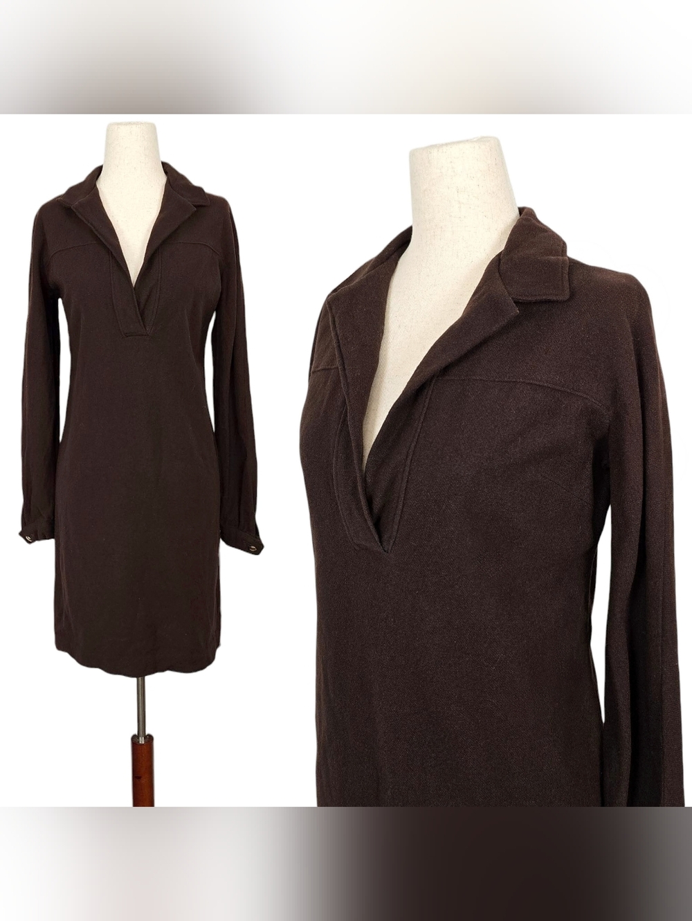 1960s Shift Dress 60s Vintage Mini Medium Brown Gold Long Sleeves V Neck Mod Vtg